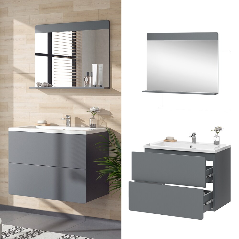 Vicco Badmöbel-Set Izan Grau modern Waschtischunterschrank Waschbecken Badspiegel