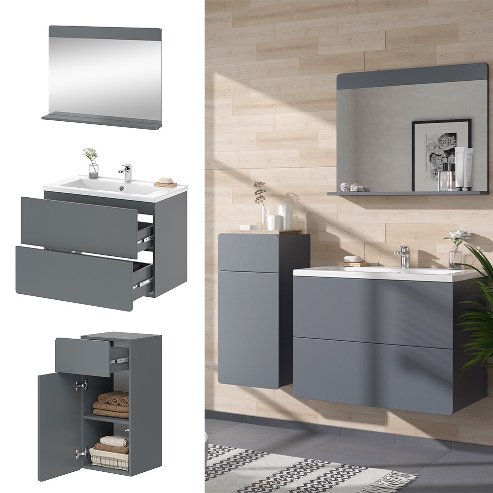 Vicco Badmöbel-Set Izan Grau modern Waschtischunterschrank Waschbecken Badspiegel Midischrank