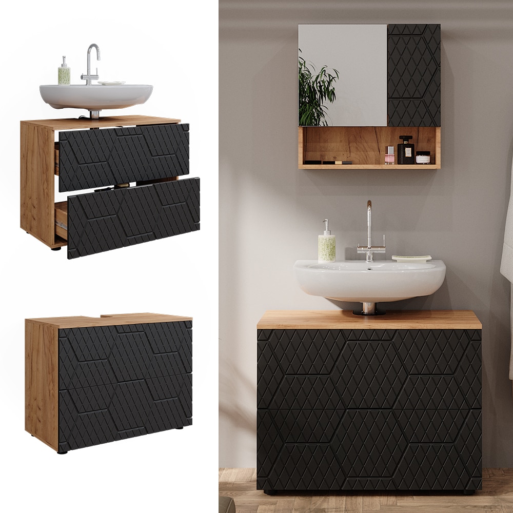Vicco Waschbeckenunterschrank Irma Eiche Anthrazit 80 x 59 cm 2 Schubladen Badezimmer - Bild 1