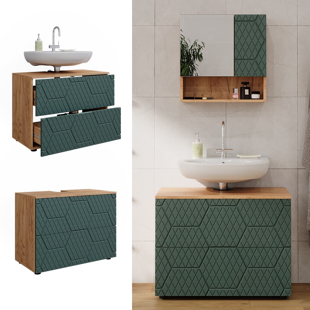 Vicco Waschbeckenunterschrank Irma Eiche Gr&uuml;n 80 x 59 cm 2 Schubladen Badezimmer - Bild 1