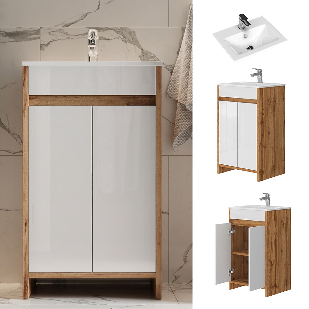 Vicco Badm&ouml;bel-Set Lemgo Eiche Wei&szlig; Hochglanz 2-teilig Waschbecken Waschtischunterschrank Fl&uuml;gelt&uuml;r - Bild 1