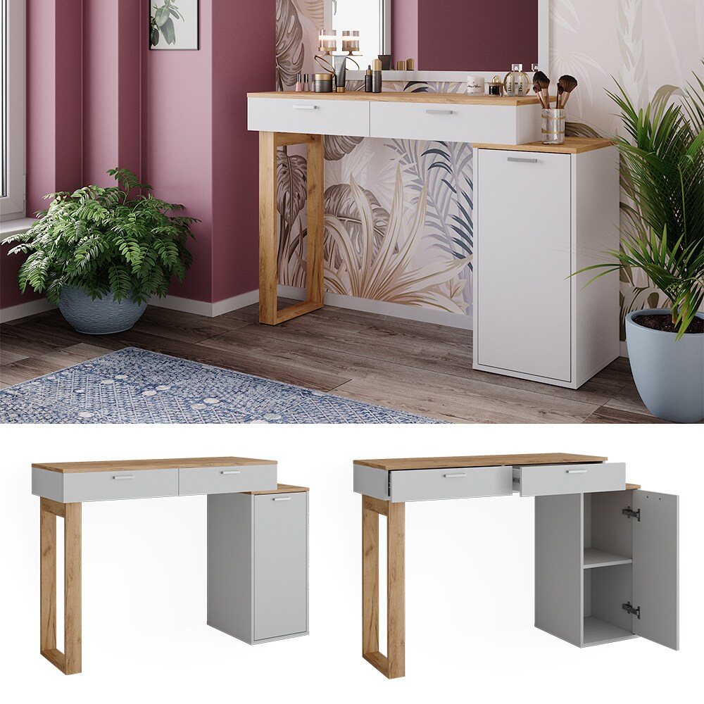 Vicco Schminktisch Regina Wei&szlig; Eiche 130 cm mit 2 Schubladen ohne Spiegel - Bild 1