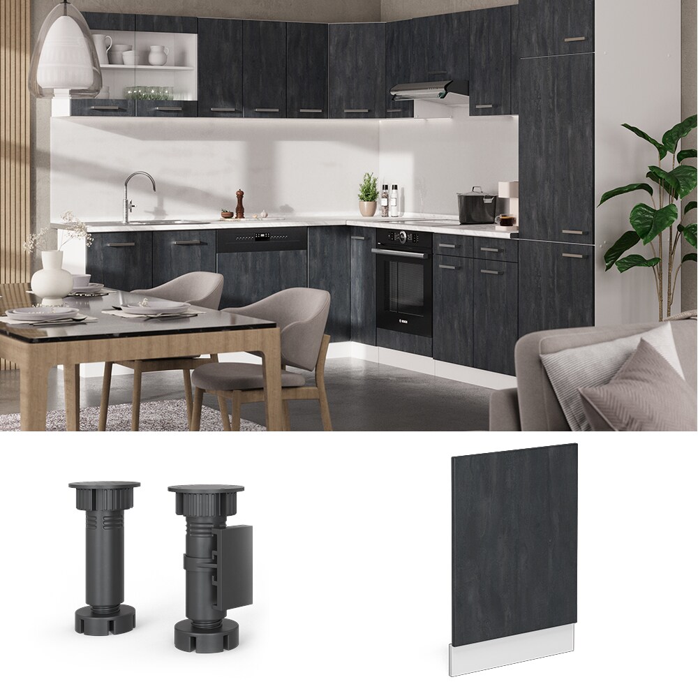 Vicco Geschirrspülerblende R-Line Schwarz Beton Weiß 45 cm mit Arbeitsplatte Eiche