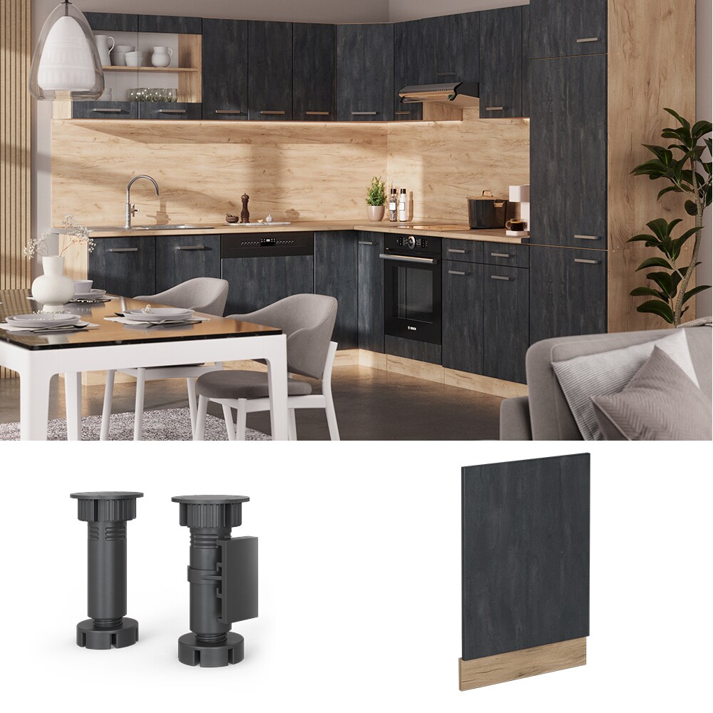 Vicco Geschirrspülerblende R-Line Schwarz Beton Eiche 45 cm mit Arbeitsplatte Anthrazit
