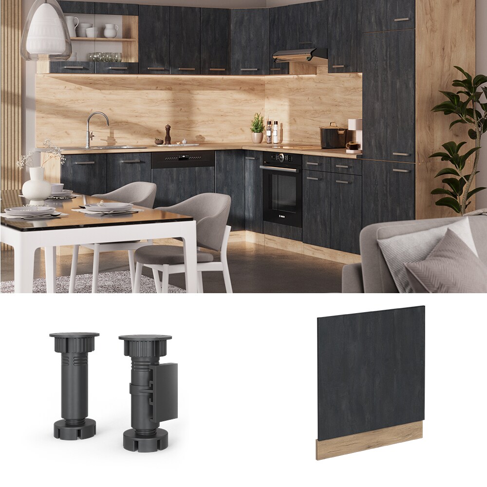 Vicco Geschirrspülerblende R-Line Schwarz Beton Eiche 60 cm mit Arbeitsplatte Eiche