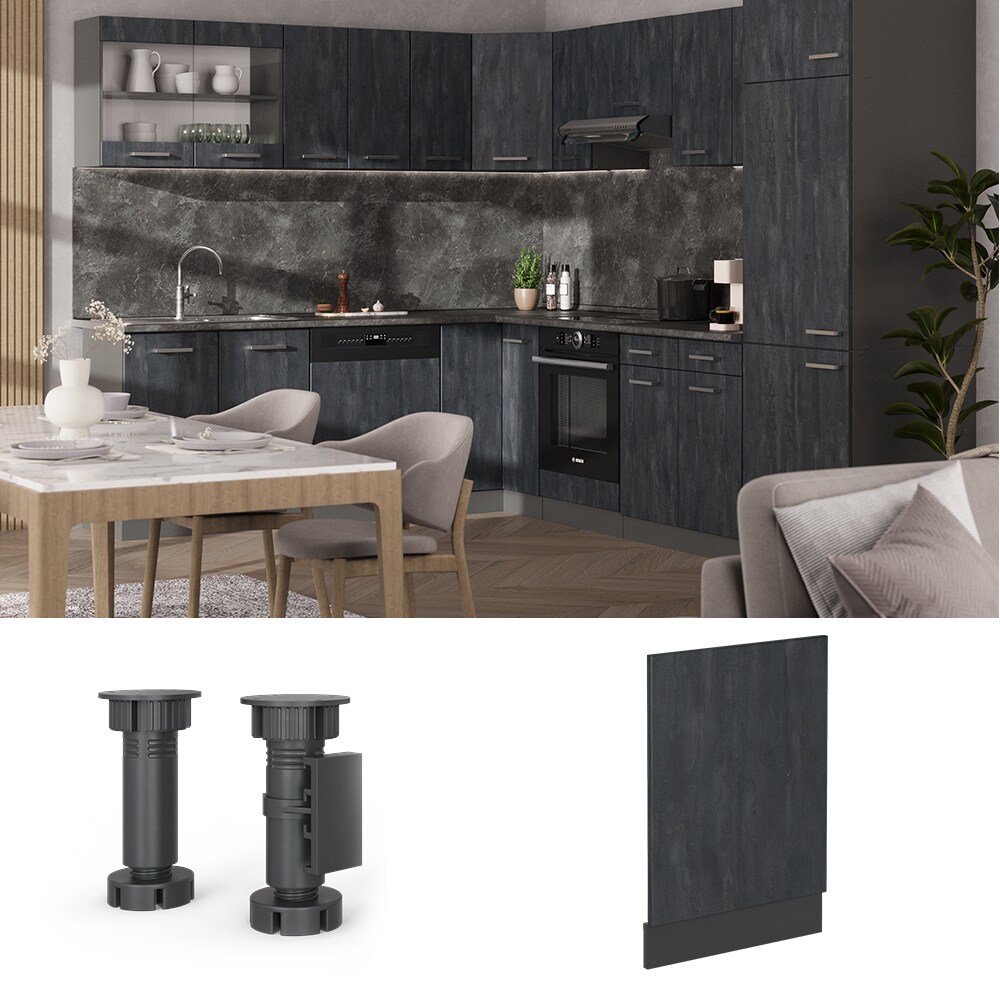 Vicco Geschirrspülerblende R-Line Schwarz Beton Anthrazit 45 cm mit Arbeitsplatte Anthrazit