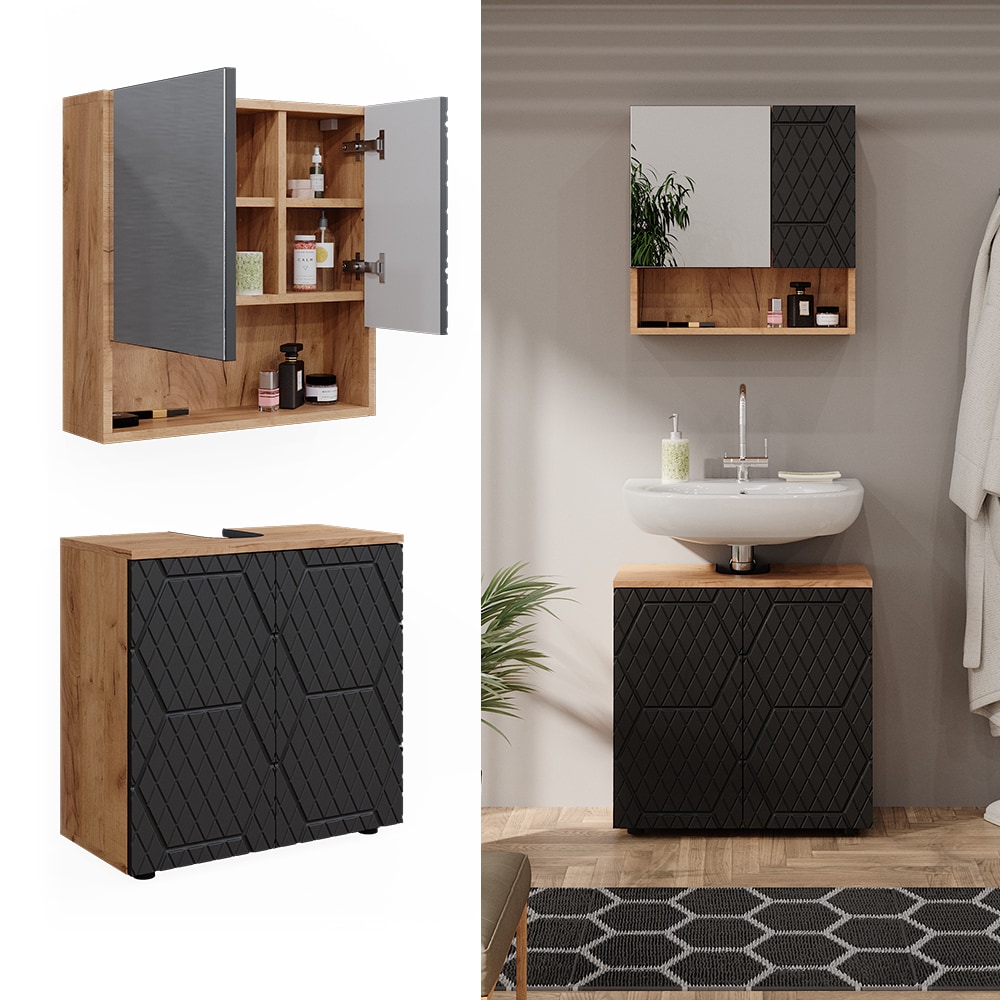 Vicco Badm&ouml;bel-Set Irma Eiche Anthrazit 2-teilig Spiegelschrank Waschbeckenschrank 60 cm - Bild 1