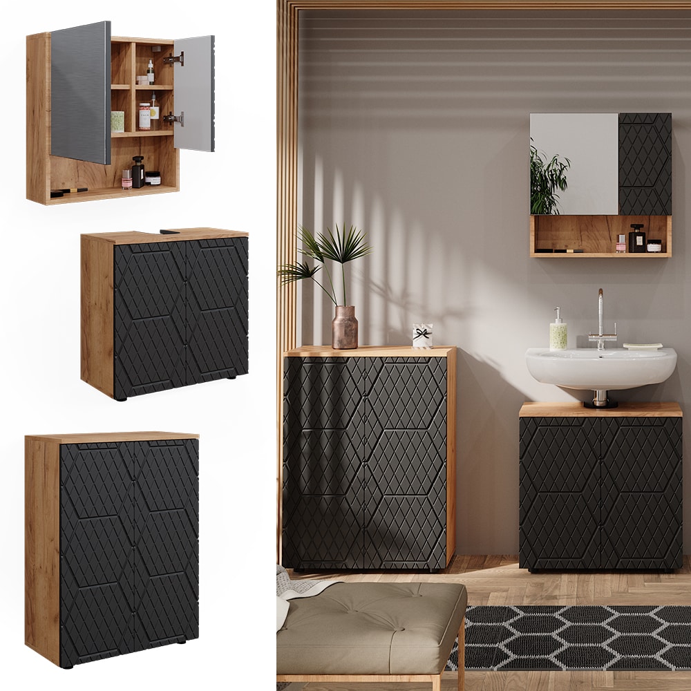 Vicco Badm&ouml;bel-Set Irma Eiche Anthrazit 3-teilig Kommode Waschbeckenschrank 60 cm - Bild 1