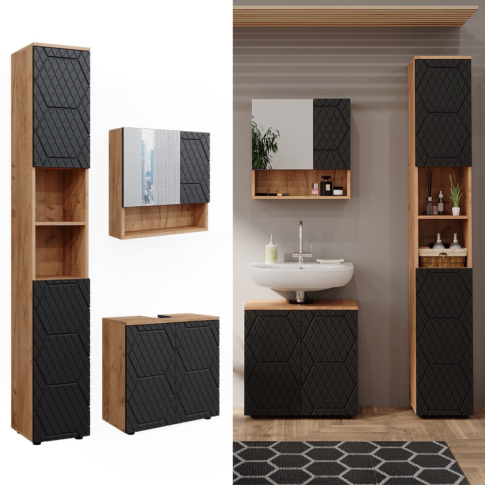 Vicco Badmöbel-Set Irma Eiche Anthrazit 3-teilig Hochschrank Waschbeckenschrank 60 cm