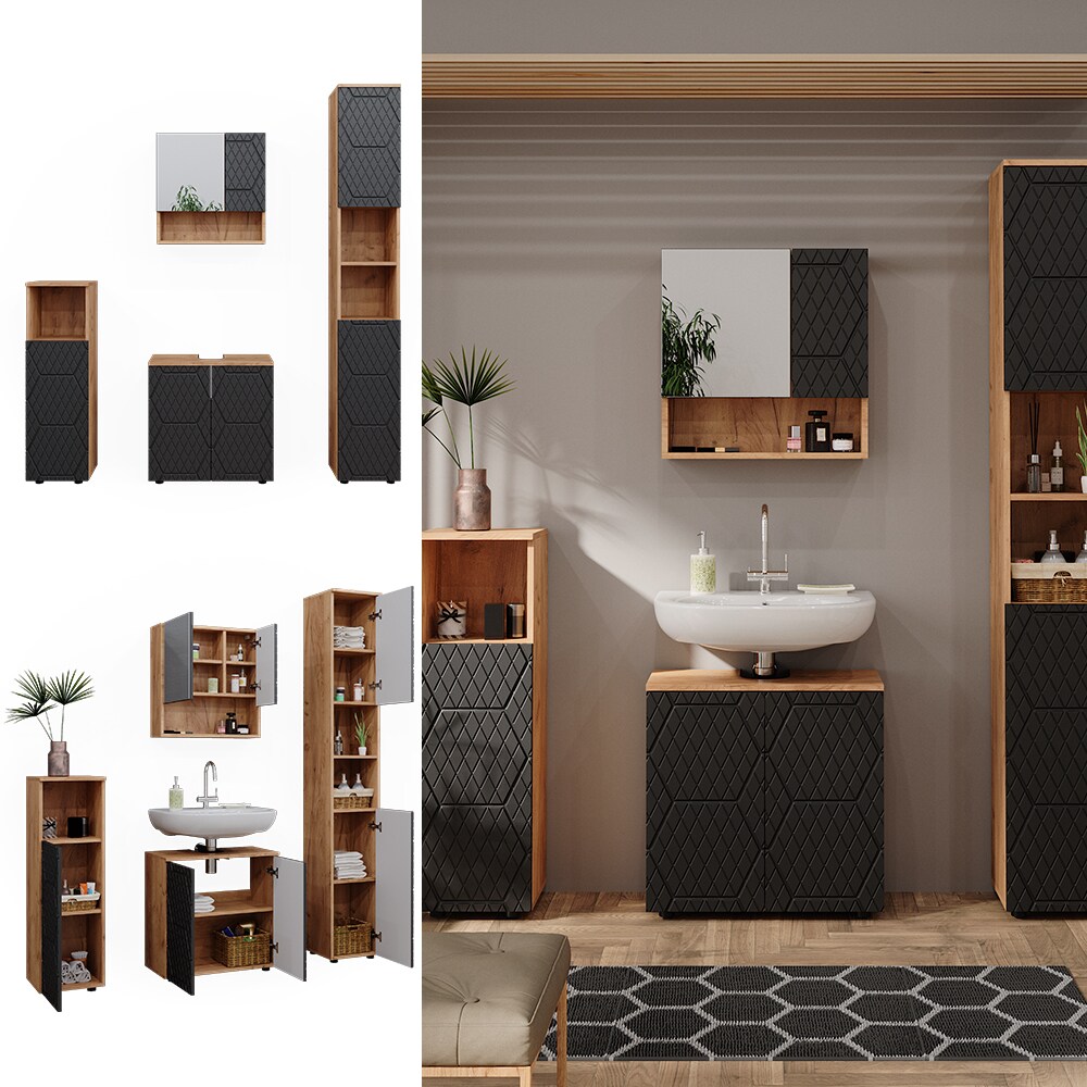 Vicco Badmöbel-Set Irma Eiche Anthrazit 4-teilig Hochschrank Midischrank 95 cm