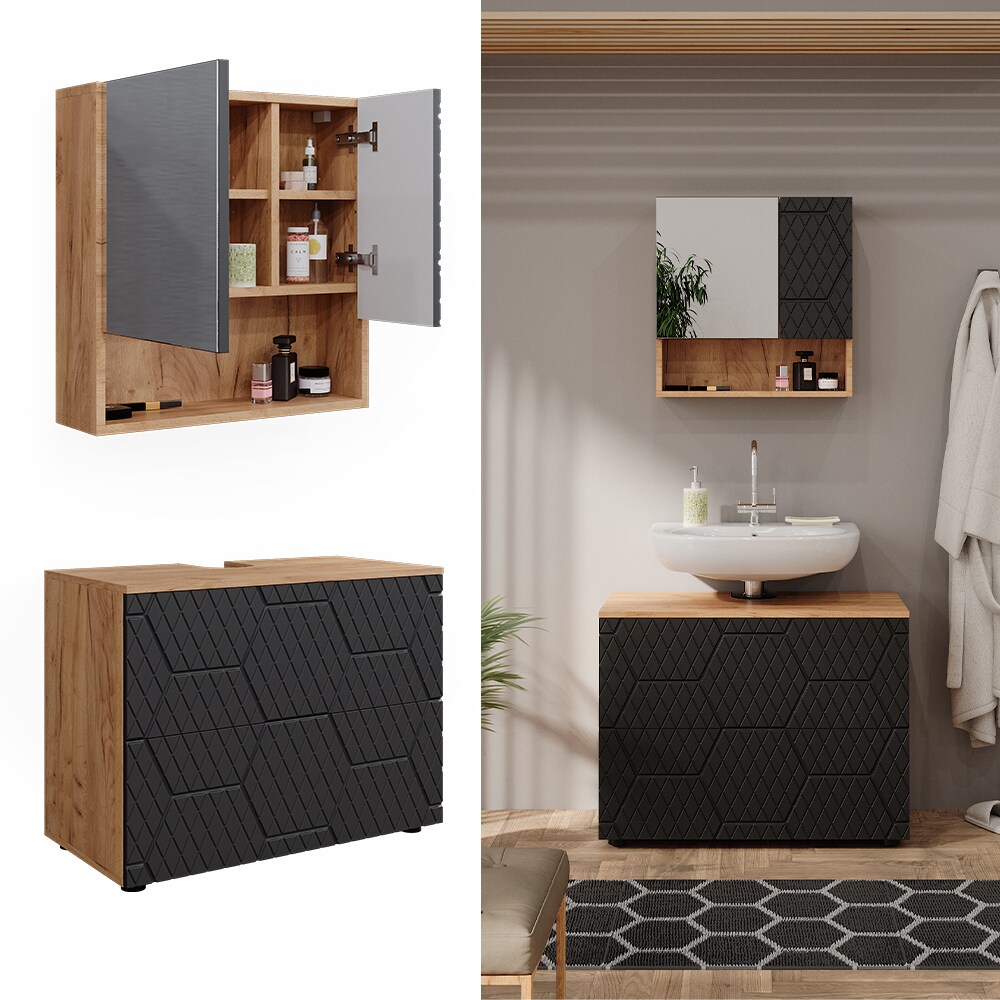 Vicco Badm&ouml;bel-Set Irma Eiche Anthrazit 2-teilig Spiegelschrank Waschbeckenschrank 80 cm - Bild 1