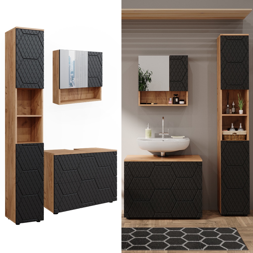 Vicco Badm&ouml;bel-Set Irma Eiche Anthrazit 3-teilig Hochschrank Waschbeckenschrank 80 cm - Bild 1