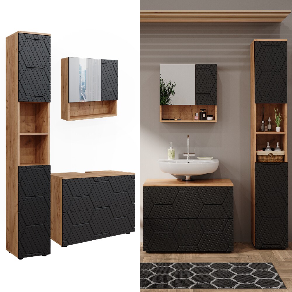 Vicco Badmöbel-Set Irma Eiche Anthrazit 3-teilig Hochschrank Waschbeckenschrank 80 cm