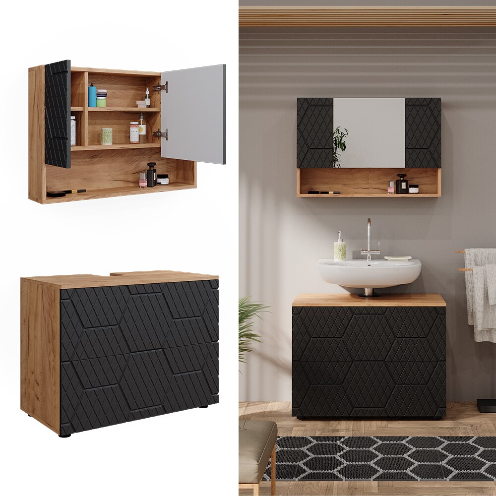 Vicco Badm&ouml;bel-Set Irma Eiche Anthrazit 2-teilig Spiegelschrank Waschbeckenschrank 80 cm - Bild 1