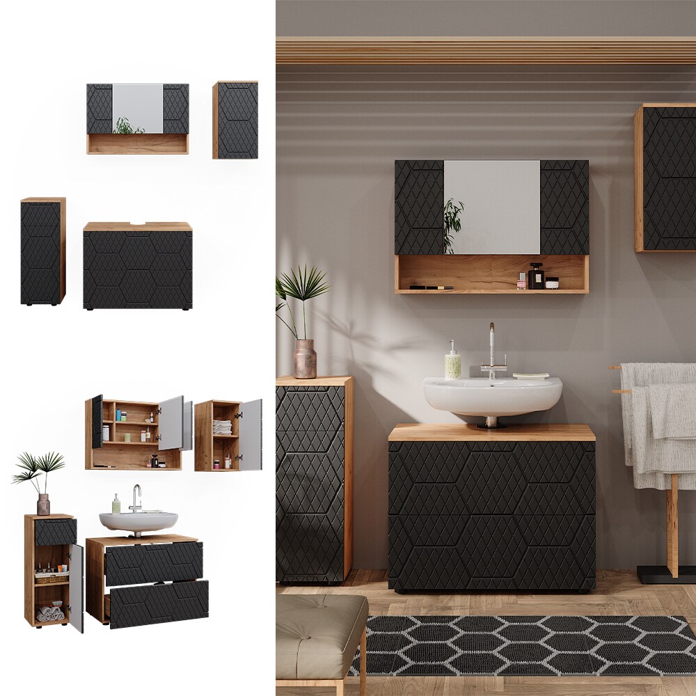 Vicco Badmöbel-Set Irma Eiche Anthrazit 4-teilig Midischrank 81 cm Hängeschrank