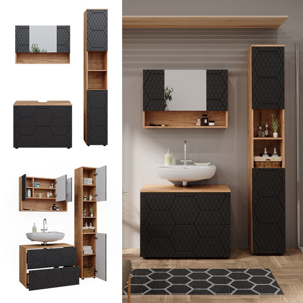 Vicco Badmöbel-Set Irma Eiche Anthrazit 3-teilig Hochschrank Waschbeckenschrank 80 cm