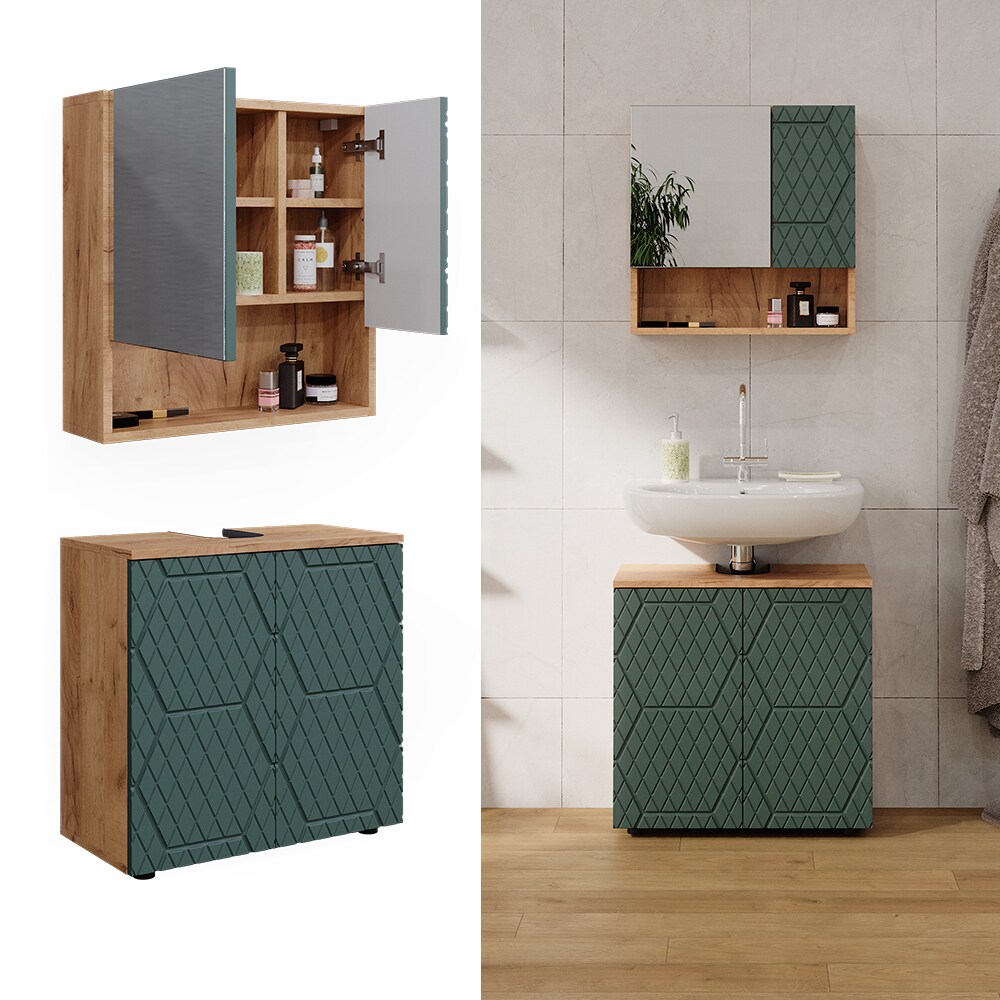 Vicco Badmöbel-Set Irma Eiche Grün 2-teilig Spiegelschrank Waschbeckenschrank 60 cm