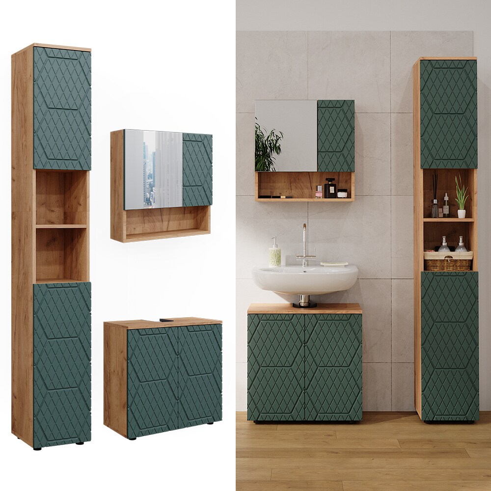 Vicco Badmöbel-Set Irma Eiche Grün 3-teilig Hochschrank Waschbeckenschrank 60 cm