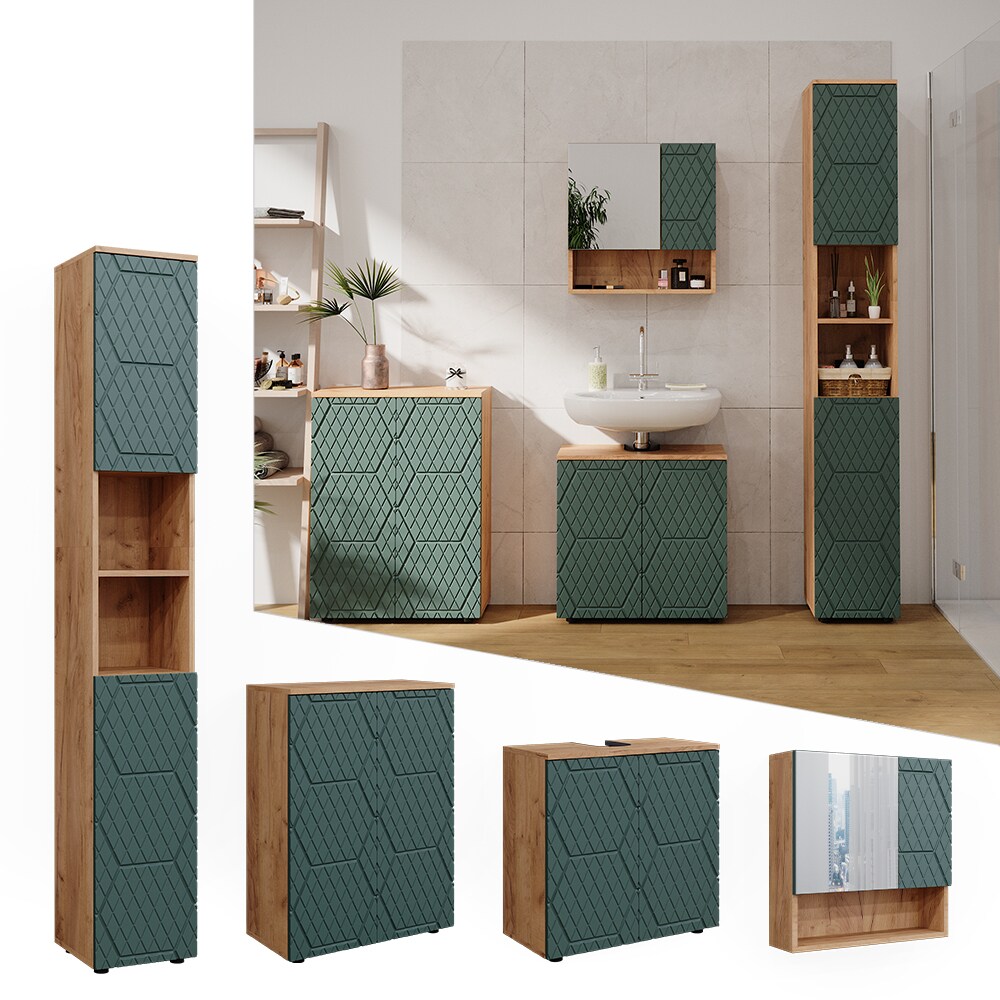 Vicco Badmöbel-Set Irma Eiche Grün 4-teilig Hochschrank Kommode