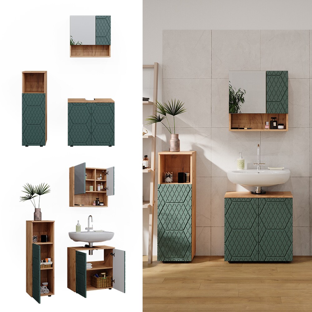 Vicco Badmöbel-Set Irma Eiche Grün 4-teilig Midischrank 95 cm Waschbeckenschrank 60 cm