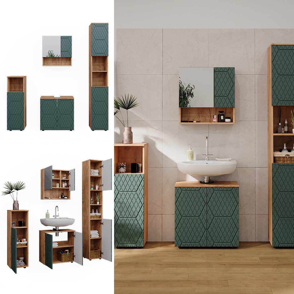 Vicco Badmöbel-Set Irma Eiche Grün 4-teilig Hochschrank Midischrank 95 cm