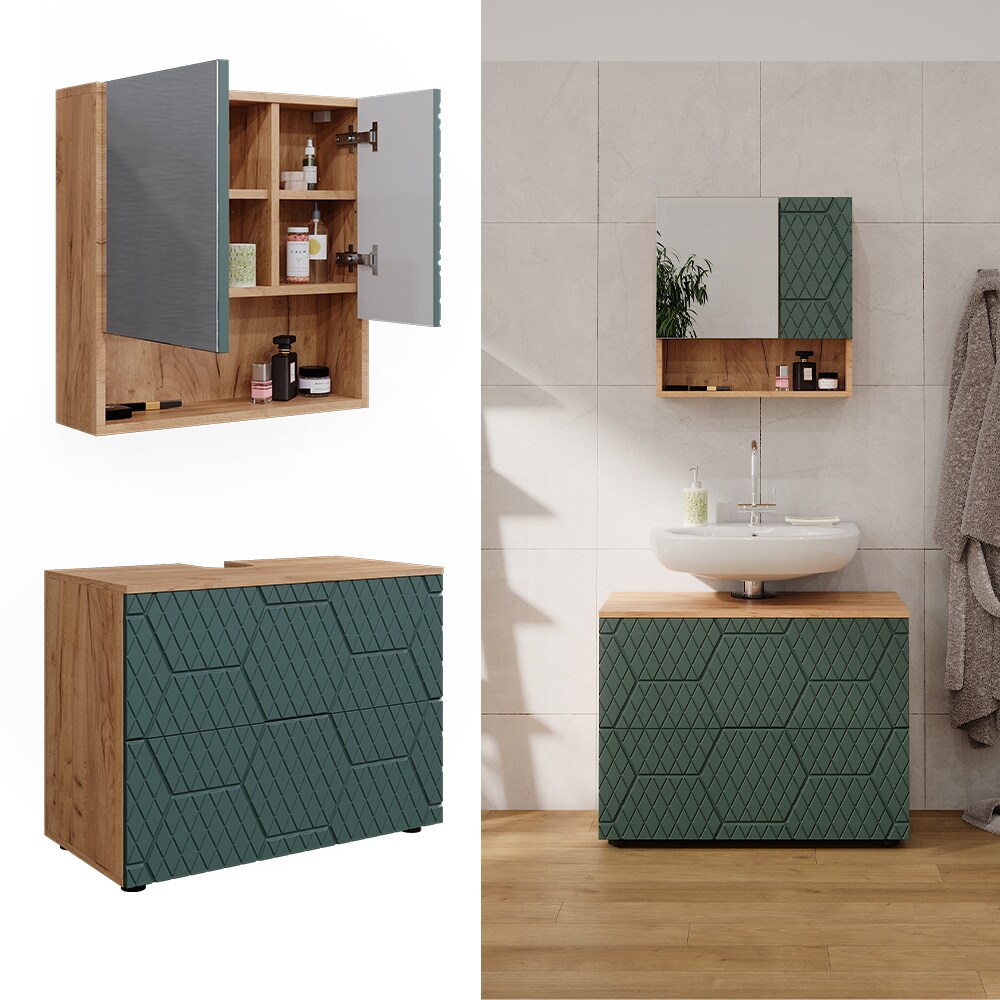 Vicco Badmöbel-Set Irma Eiche Grün 2-teilig Spiegelschrank Waschbeckenschrank 80 cm