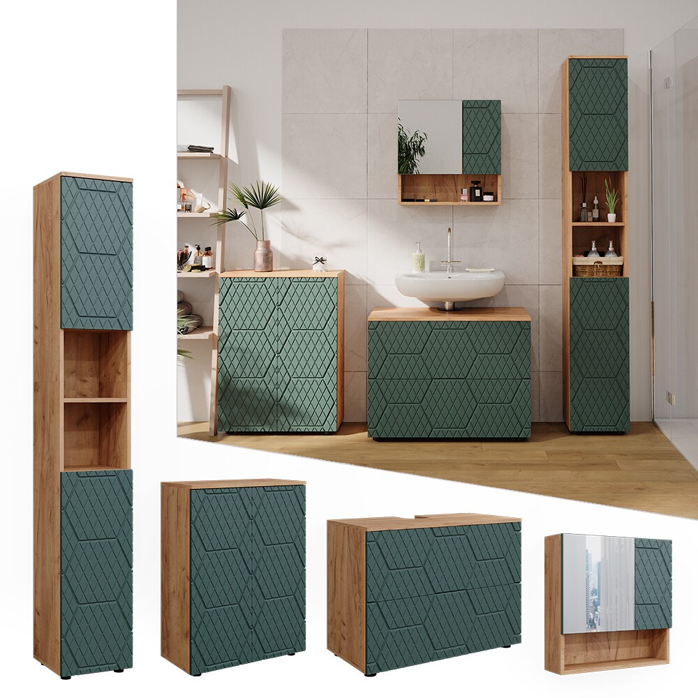 Vicco Badmöbel-Set Irma Eiche Grün 4-teilig Hochschrank Kommode
