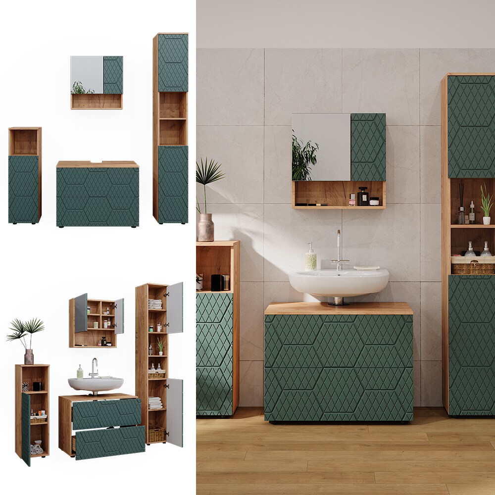 Vicco Badmöbel-Set Irma Eiche Grün 4-teilig Hochschrank Midischrank 95 cm