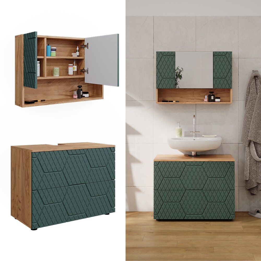 Vicco Badmöbel-Set Irma Eiche Grün 2-teilig Spiegelschrank Waschbeckenschrank 80 cm