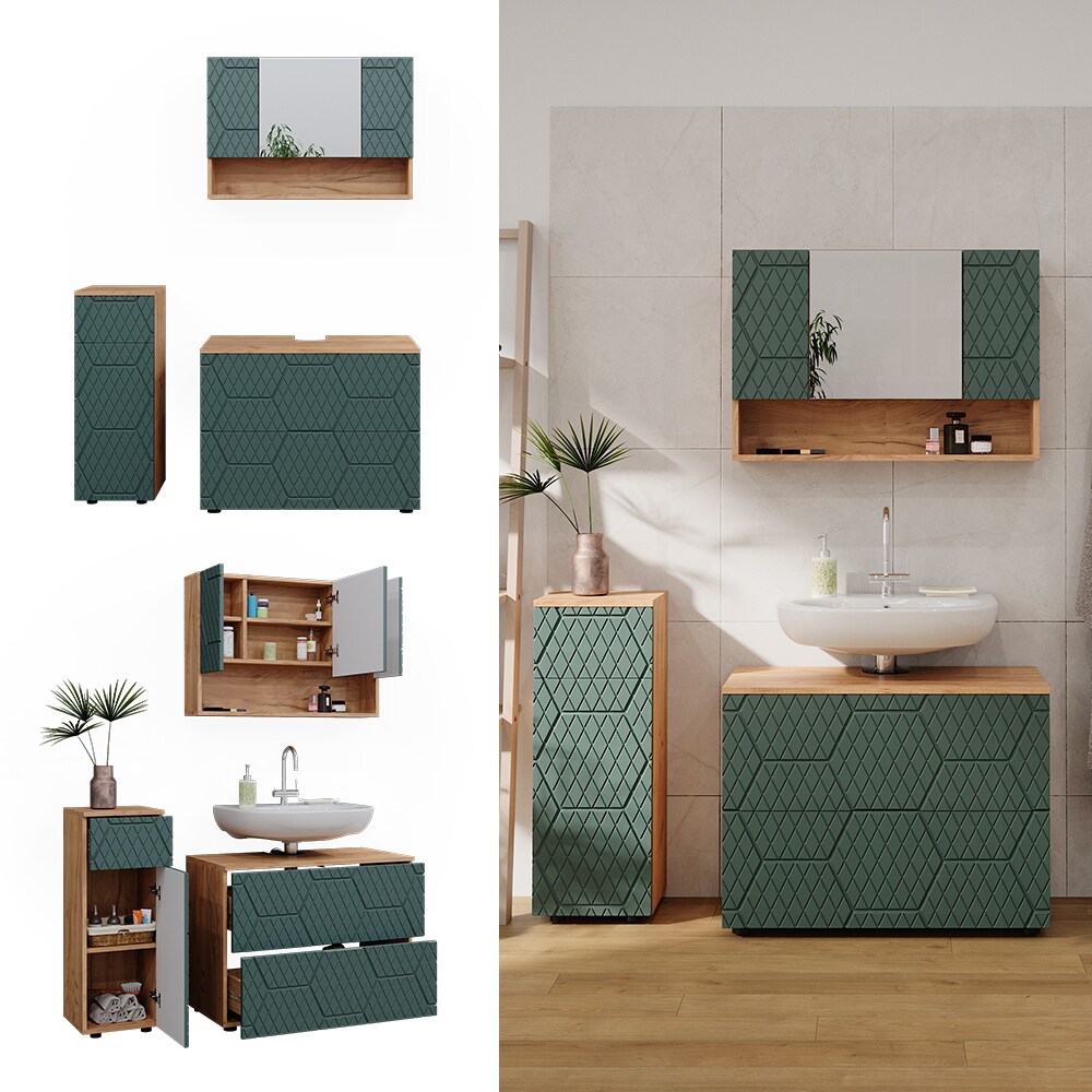 Vicco Badmöbel-Set Irma Eiche Grün 3-teilig Midischrank 81 cm Waschbeckenschrank 80 cm