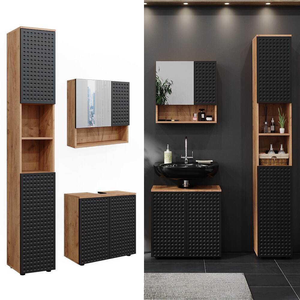 Vicco Badm&ouml;bel-Set Irma Eiche Anthrazit 3-teilig Hochschrank Waschbeckenschrank 60 cm - Bild 1