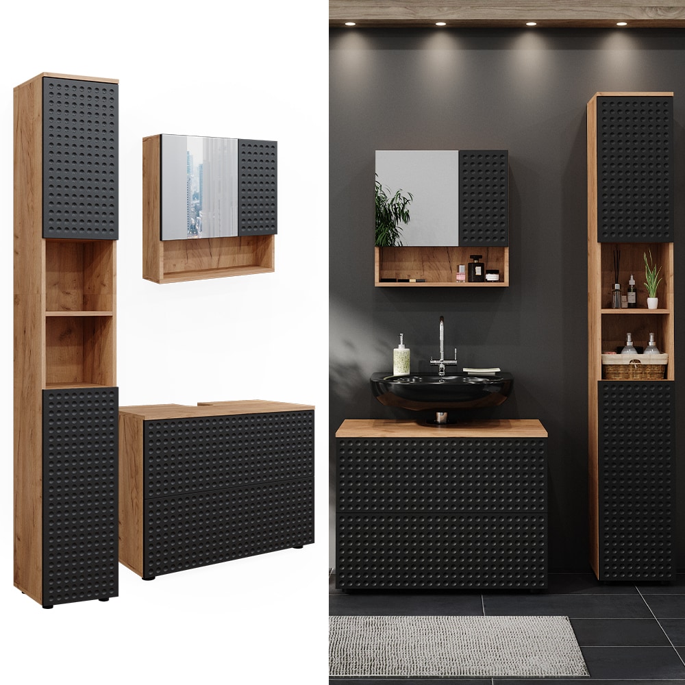 Vicco Badm&ouml;bel-Set Irma Eiche Anthrazit 3-teilig Hochschrank Waschbeckenschrank 80 cm - Bild 1