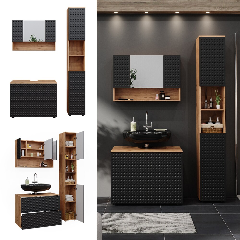 Vicco Badm&ouml;bel-Set Irma Eiche Anthrazit 3-teilig Hochschrank Waschbeckenschrank 80 cm - Bild 1