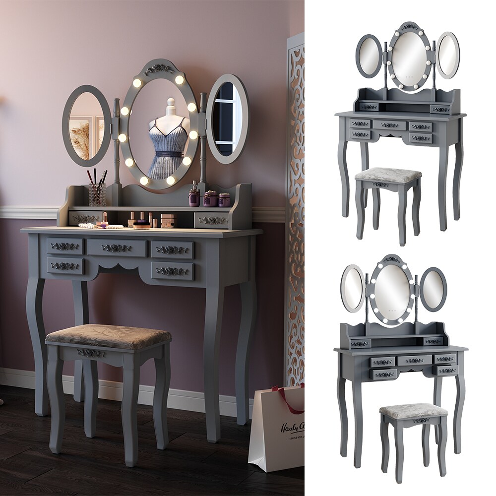 Vicco Schminktisch Diana Grau 90 cm mit Beleuchtung und Hocker - Bild 1