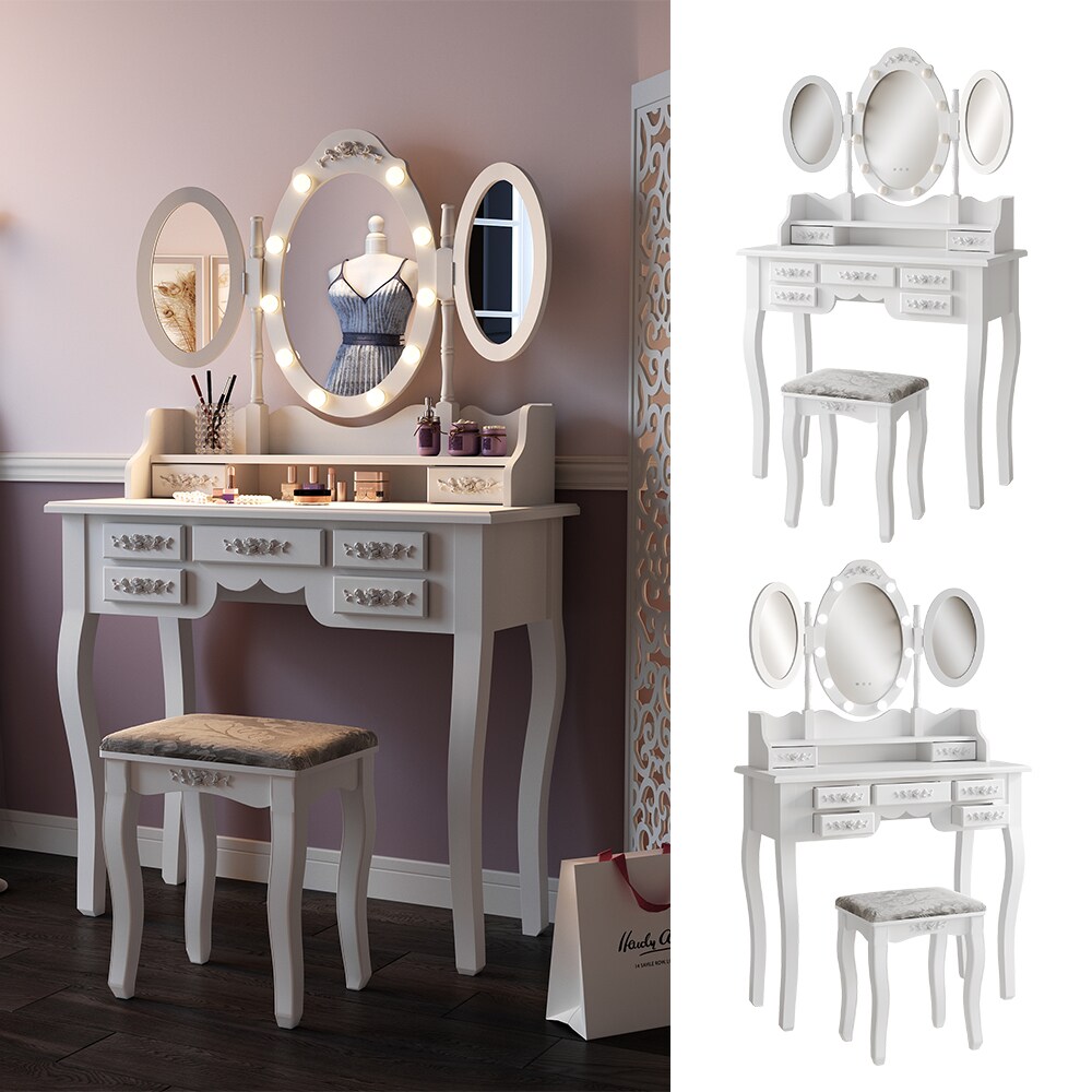 Vicco Schminktisch Diana Weiß 90 cm mit Beleuchtung und Hocker