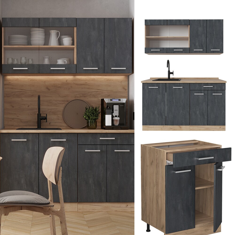 Vicco Singleküche R-Line 140 cm Schwarz Beton Eiche ohne Arbeitsplatte
