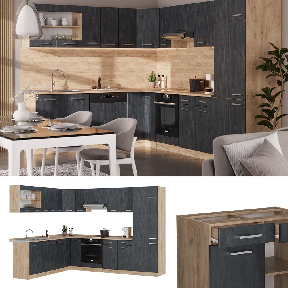 Vicco Eckküche R-Line 287x227 cm Schwarz Beton Eiche ohne Arbeitsplatte