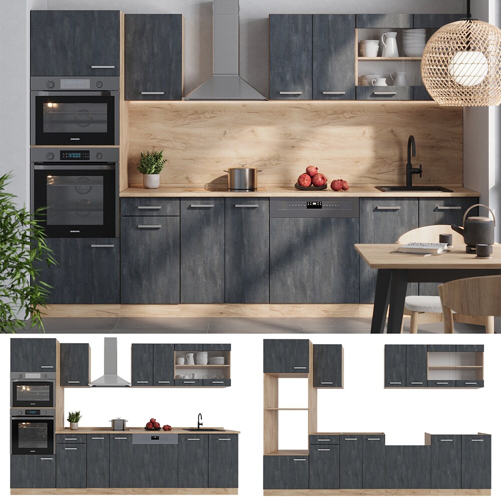 Vicco Küchenzeile R-Line 300 cm Schwarz Beton Eiche ohne Arbeitsplatte