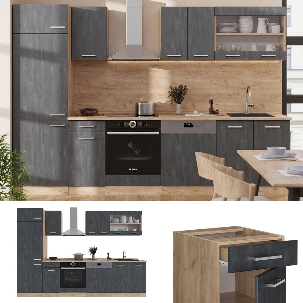 Vicco Küchenzeile R-Line 300 cm Schwarz Beton Eiche ohne Arbeitsplatte