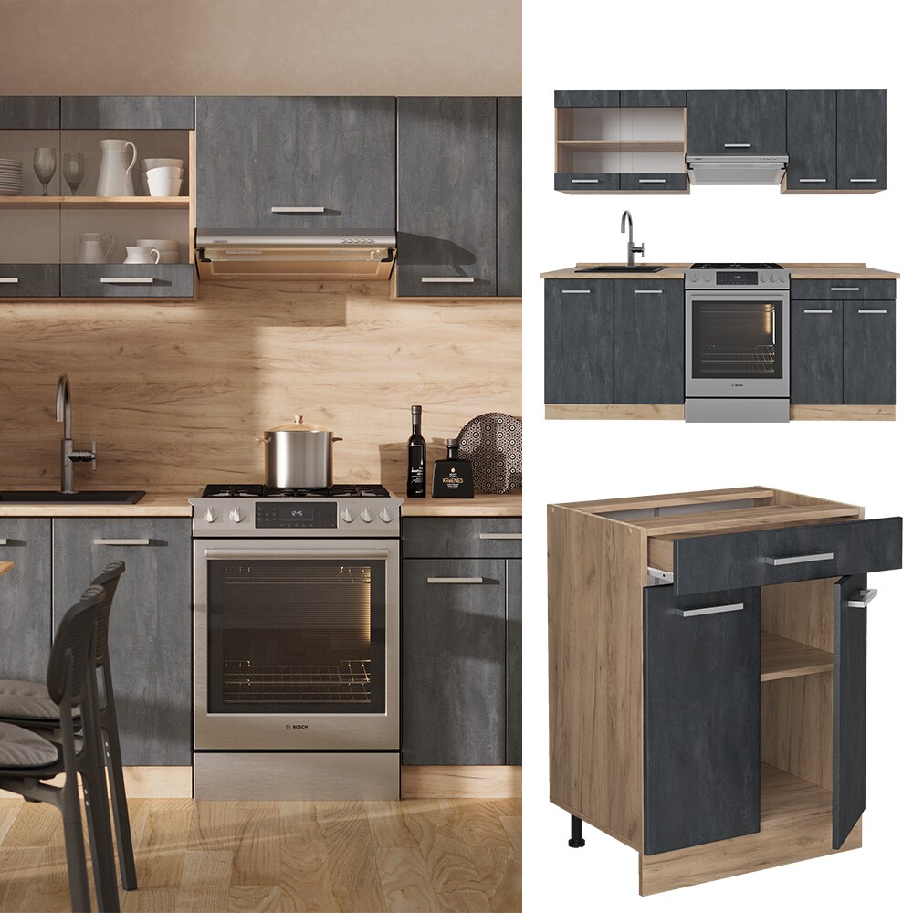 Vicco K&uuml;chenzeile R-Line 200 cm Schwarz Beton Eiche ohne Arbeitsplatte - Bild 1