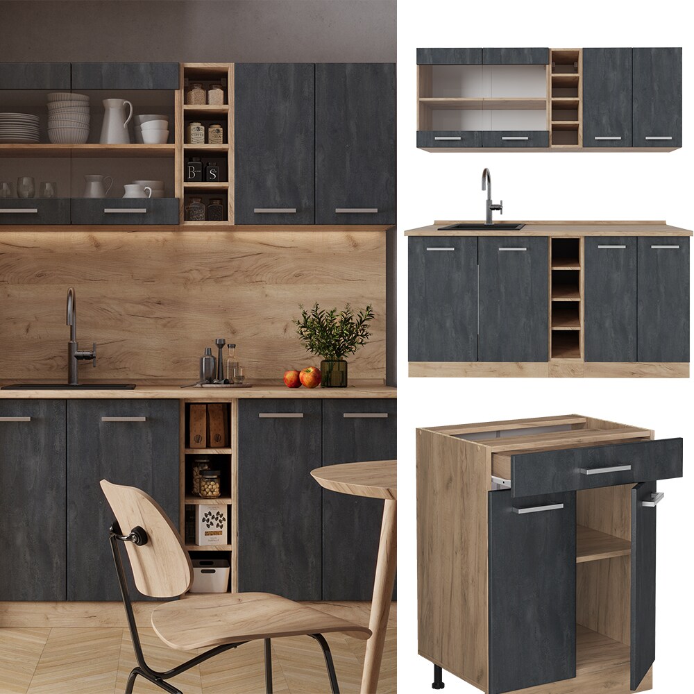 Vicco Singlek&uuml;che R-Line 160 cm Schwarz Beton Eiche ohne Arbeitsplatte - Bild 1