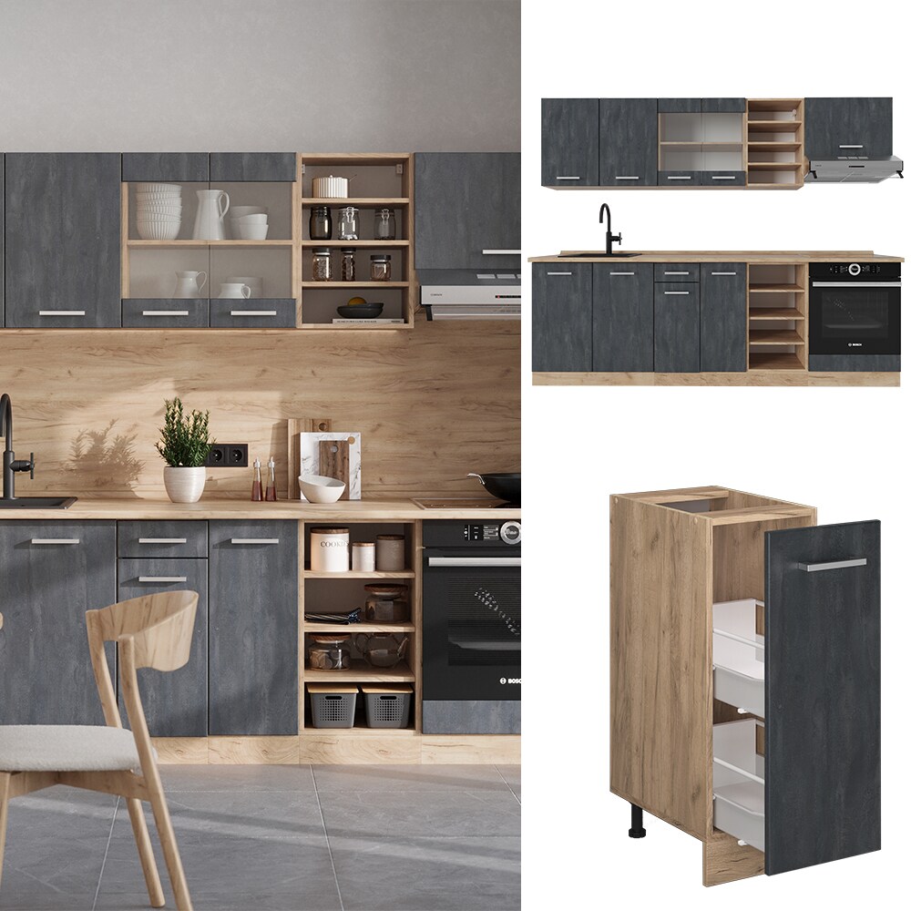 Vicco K&uuml;chenzeile R-Line 240 cm Schwarz Beton Eiche ohne Arbeitsplatte - Bild 1