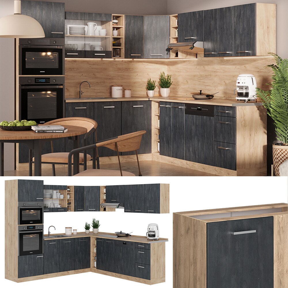 Vicco Eckküche R-Line 247x237 cm Schwarz Beton Eiche ohne Arbeitsplatte