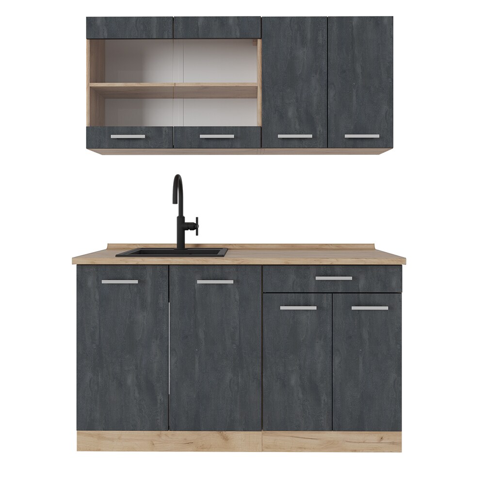 Vicco Singleküche R-Line 140 cm Schwarz Beton Eiche mit Arbeitsplatte Anthrazit