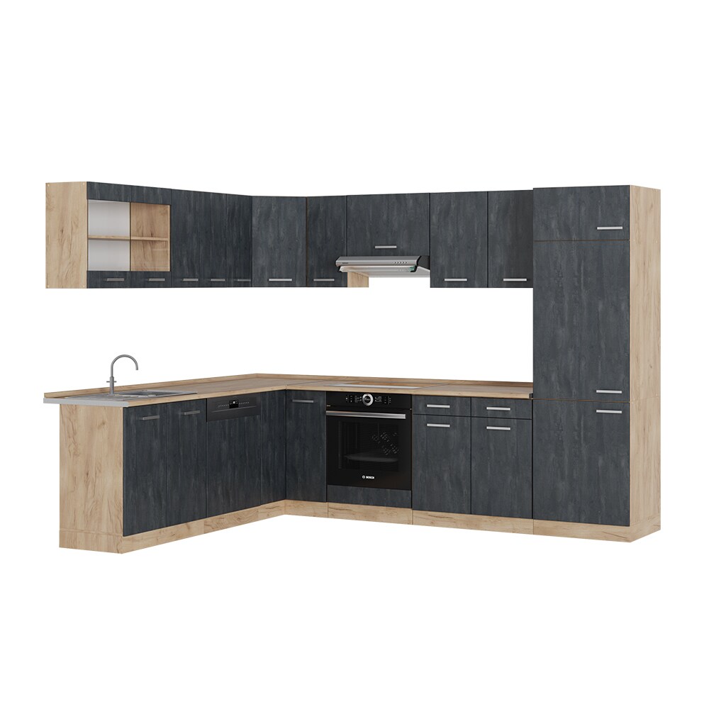 Vicco Eckküche R-Line 287x227 cm Schwarz Beton Eiche mit Arbeitsplatte Eiche