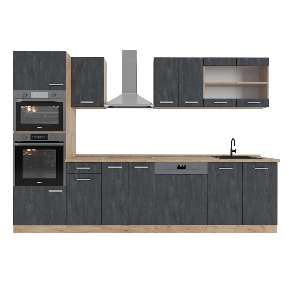 Vicco Küchenzeile R-Line 300 cm Schwarz Beton Eiche mit Arbeitsplatte Eiche