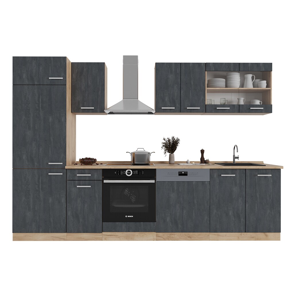 Vicco Küchenzeile R-Line 300 cm Schwarz Beton Eiche mit Arbeitsplatte Anthrazit