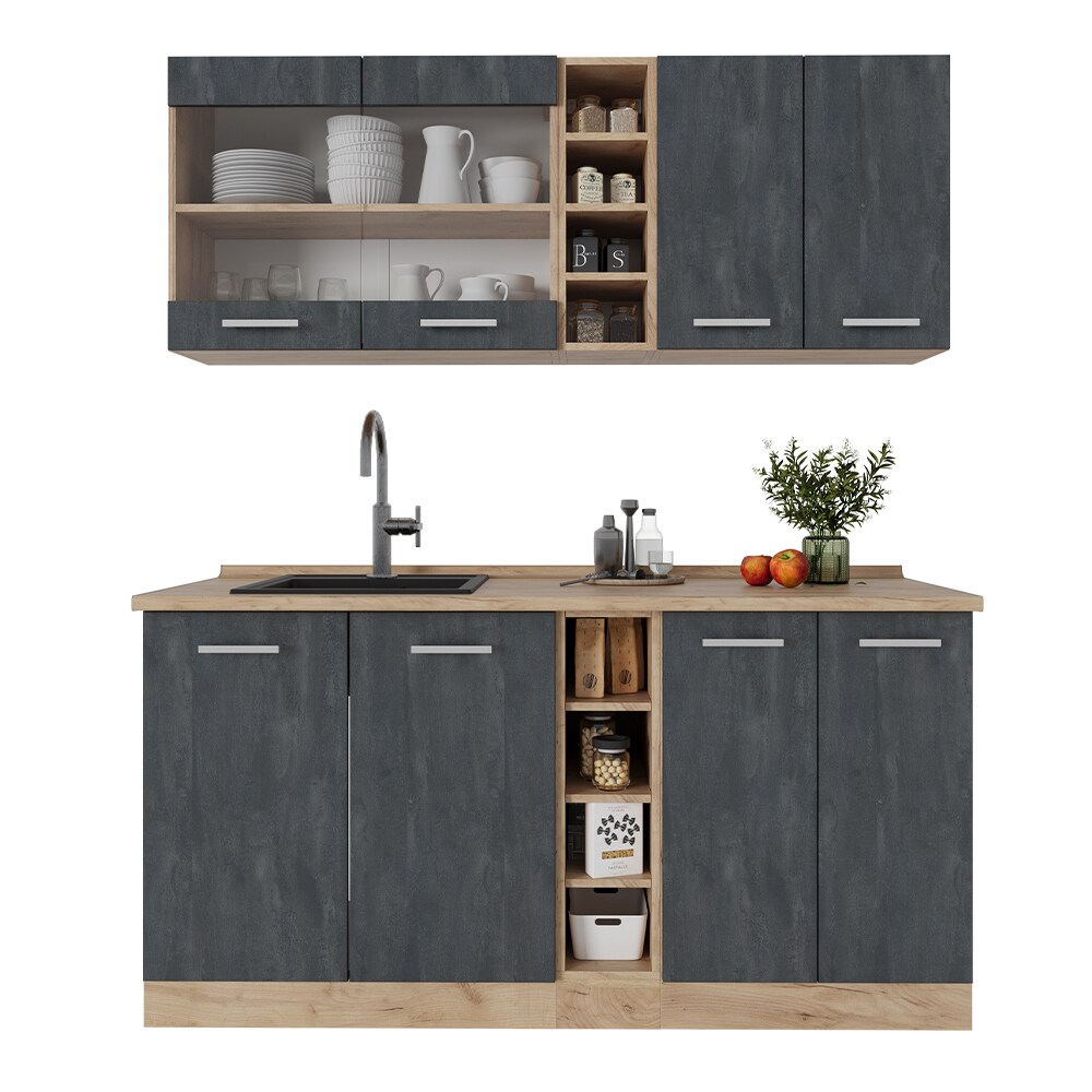 Vicco Singleküche R-Line 160 cm Schwarz Beton Eiche mit Arbeitsplatte Eiche