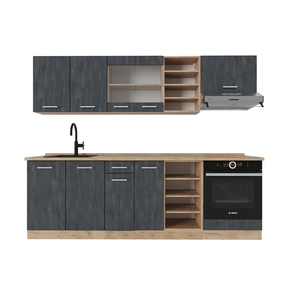 Vicco K&uuml;chenzeile R-Line 240 cm Schwarz Beton Eiche mit Arbeitsplatte Eiche - Bild 1