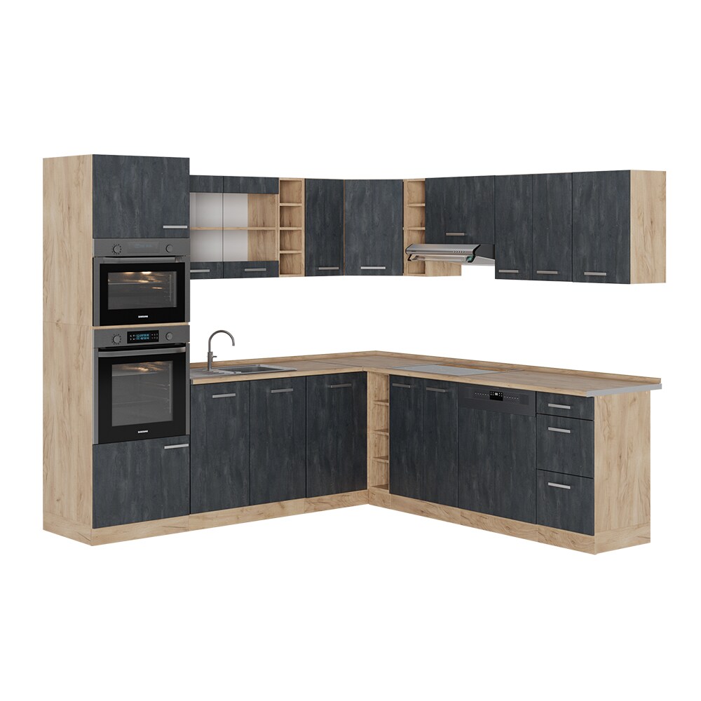 Vicco Eckküche R-Line 247x237 cm Schwarz Beton Eiche mit Arbeitsplatte Anthrazit